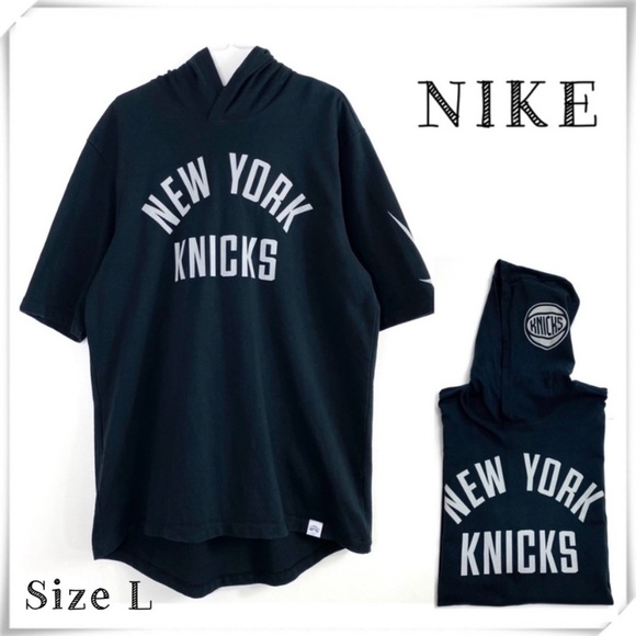 NIKE Knicks Big Logo Short-Sleeve Hoodie Sweatshirt in Black Size L - Picture 1 of 10